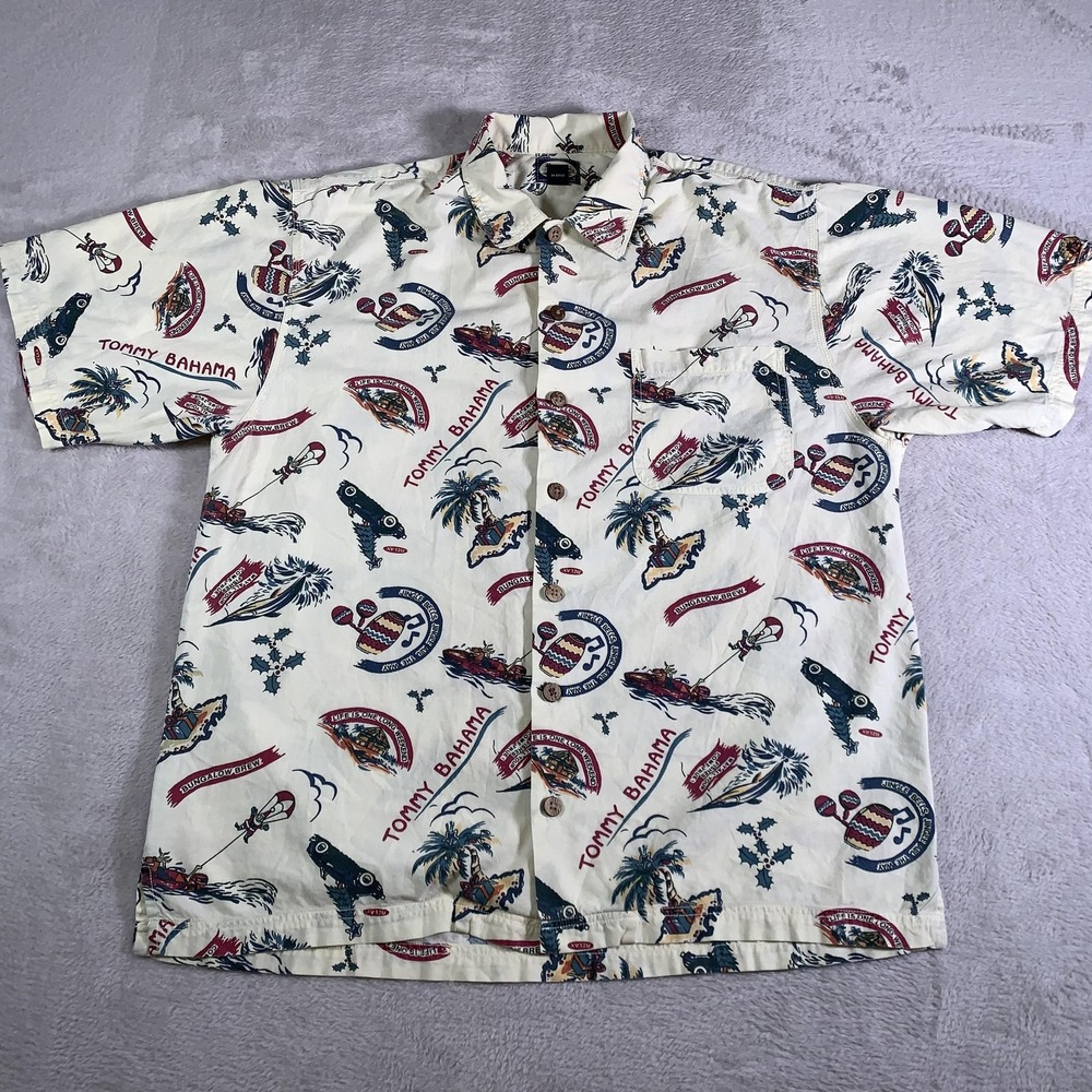 Vintage Tommy Bahama‎ Shirt Mens Medium Bungalow Brew Santa Hawaiian Aloha Rayon